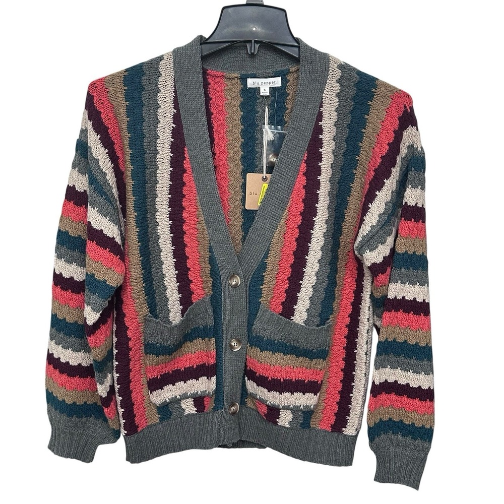 Blu Pepper Womens Striped Crochet Cozy Life Cardigan Sweater Pockets Size Small
